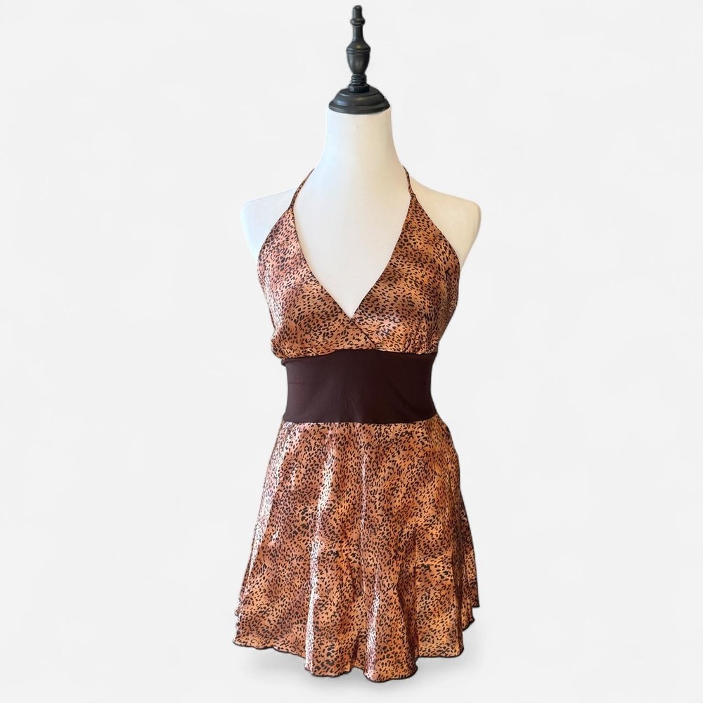 Celine by Champion Leopard Print Halter Babydoll Mini Dress Y2K Brown L